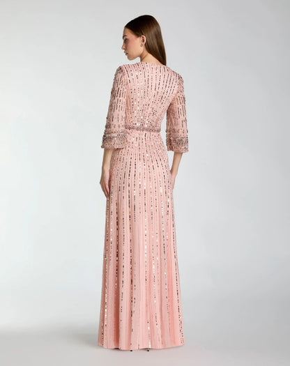 Pink High Neck Embellished Gown With 3/4 Sleeves
