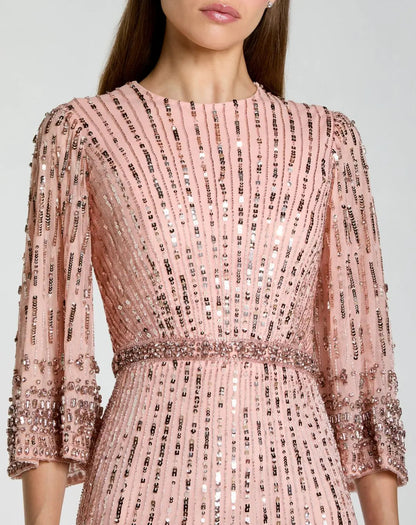 Pink High Neck Embellished Gown With 3/4 Sleeves