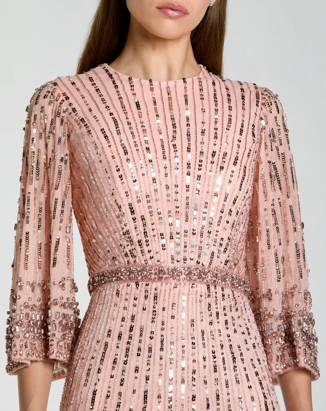 Pink High Neck Embellished Gown With 3/4 Sleeves