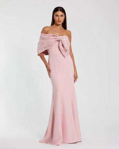 Pink Beaded Off-the-Shoulder Satin Trumpet Gown