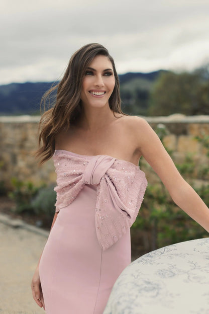 Pink Beaded Off-the-Shoulder Satin Trumpet Gown