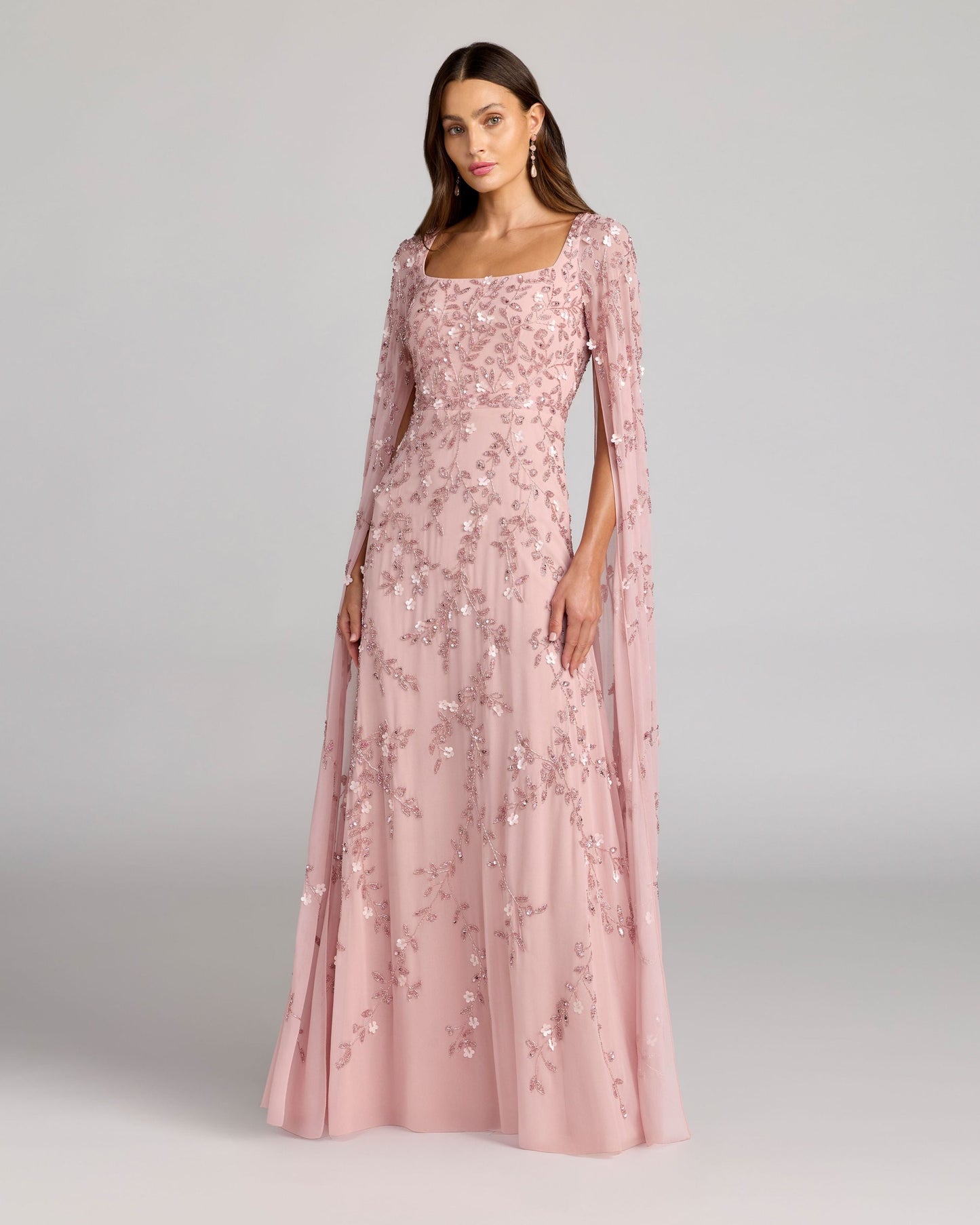 Pink Floral Embellished Cape Sleeve Gown
