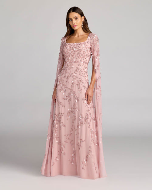 Pink Floral Embellished Cape Sleeve Gown