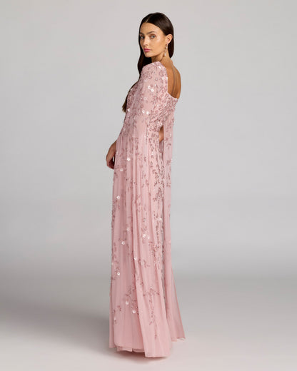 Pink Floral Embellished Cape Sleeve Gown