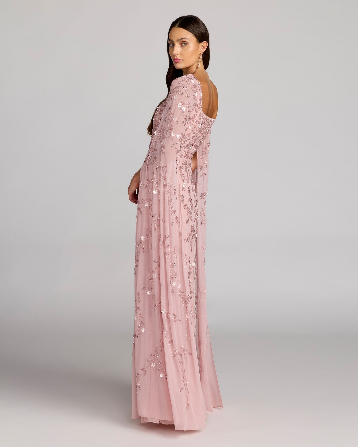 Pink Floral Embellished Cape Sleeve Gown