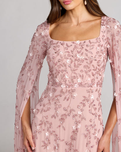 Pink Floral Embellished Cape Sleeve Gown