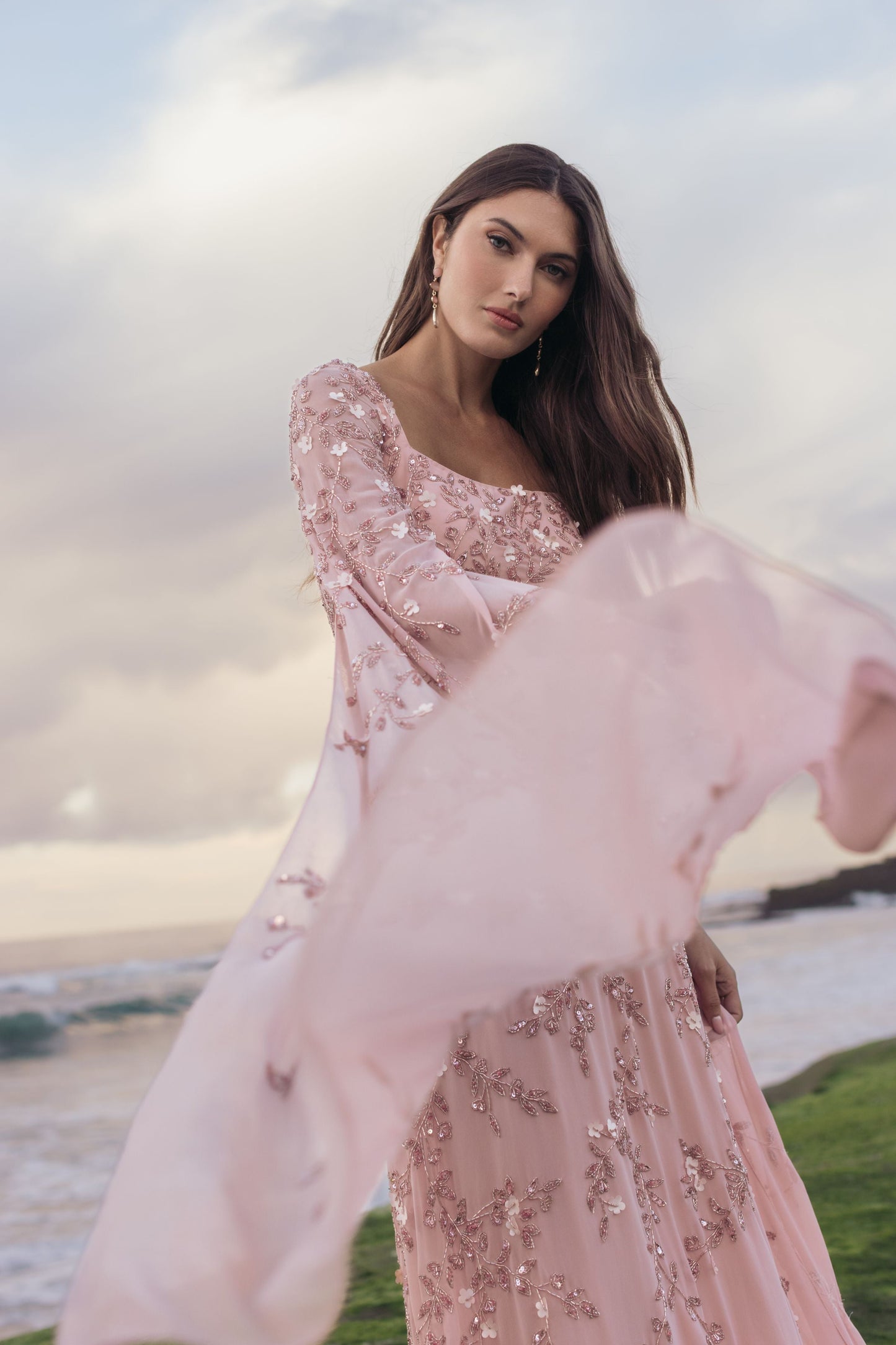 Pink Floral Embellished Cape Sleeve Gown