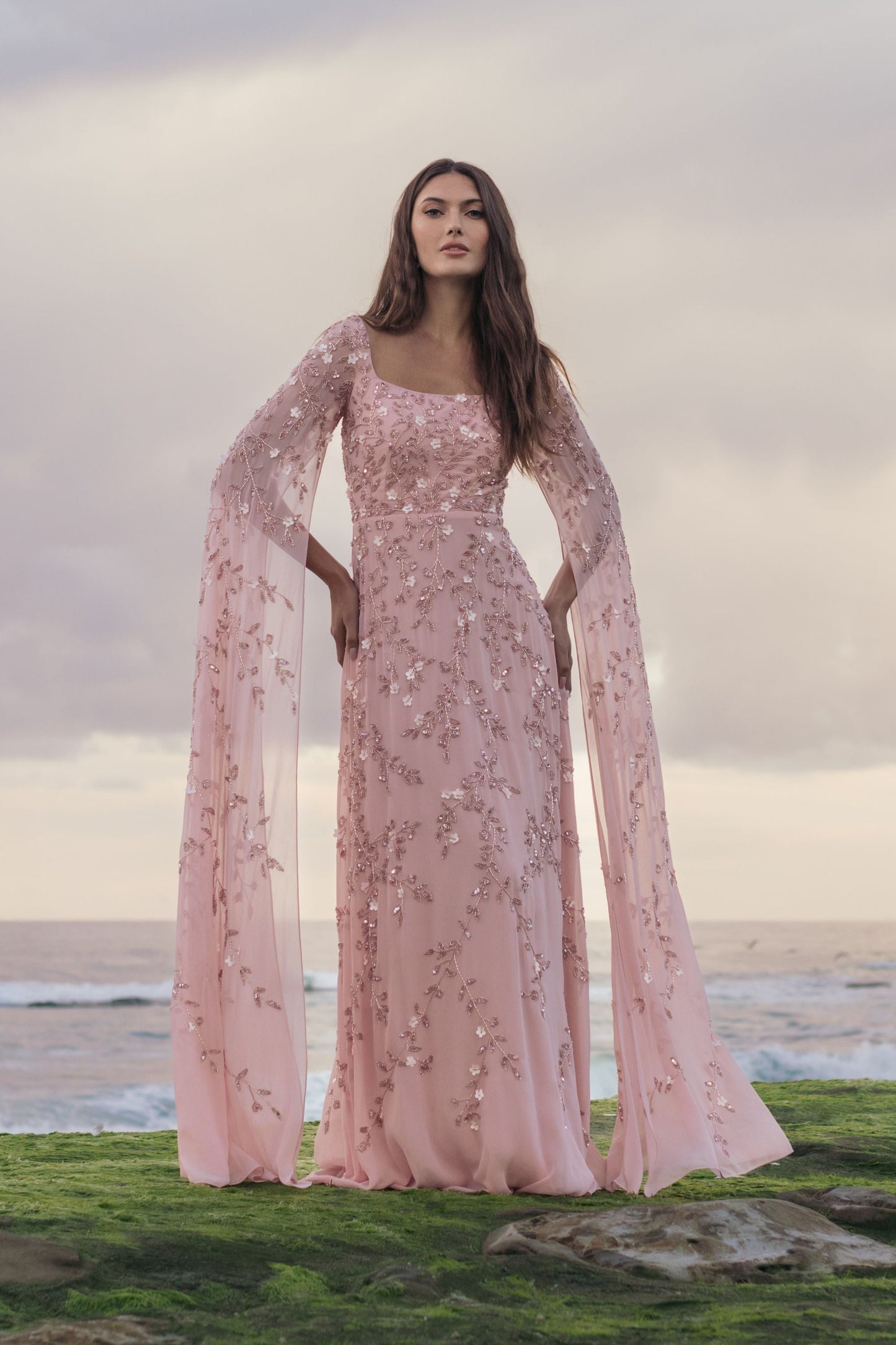 Pink Floral Embellished Cape Sleeve Gown