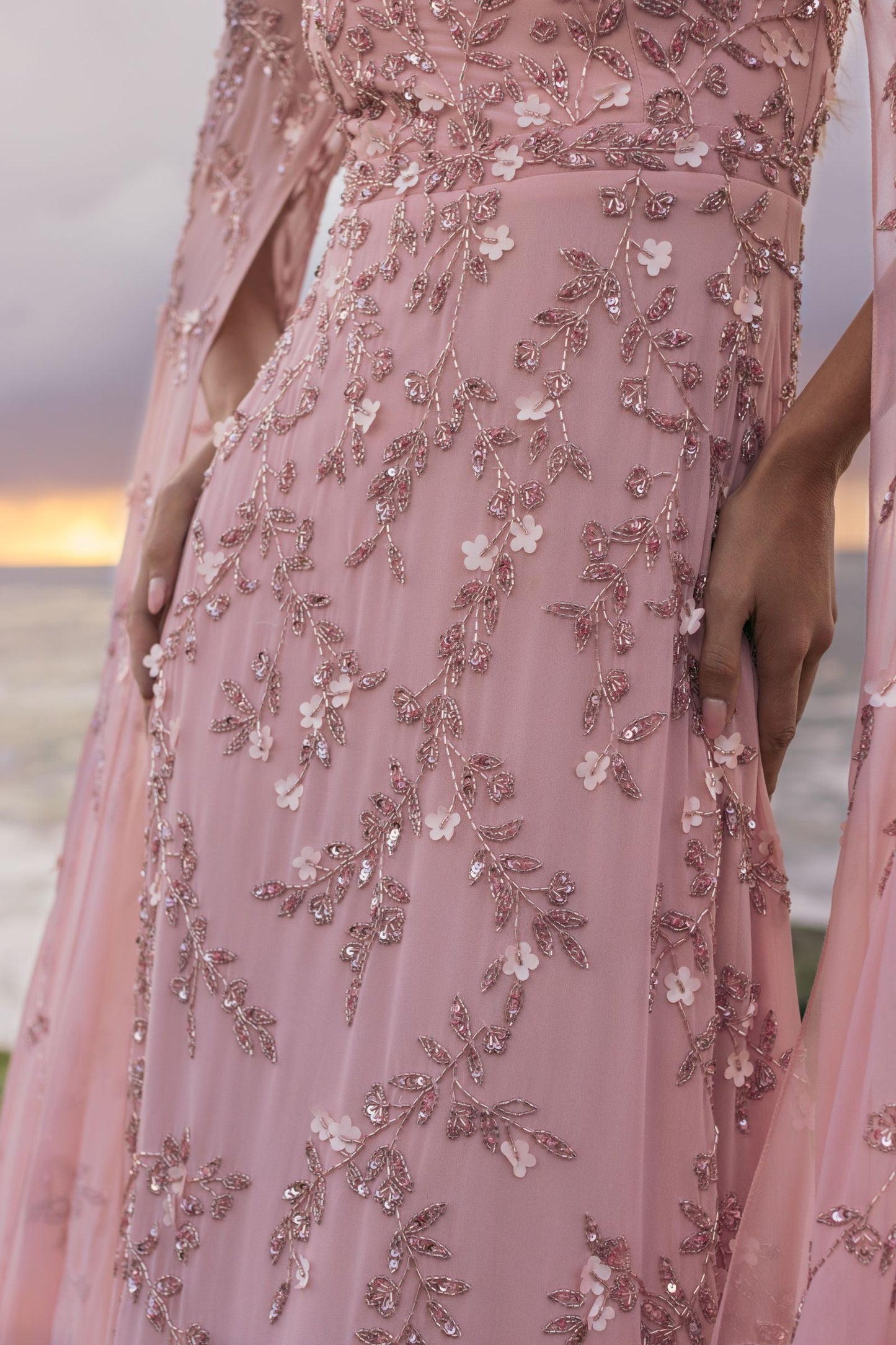 Pink Floral Embellished Cape Sleeve Gown