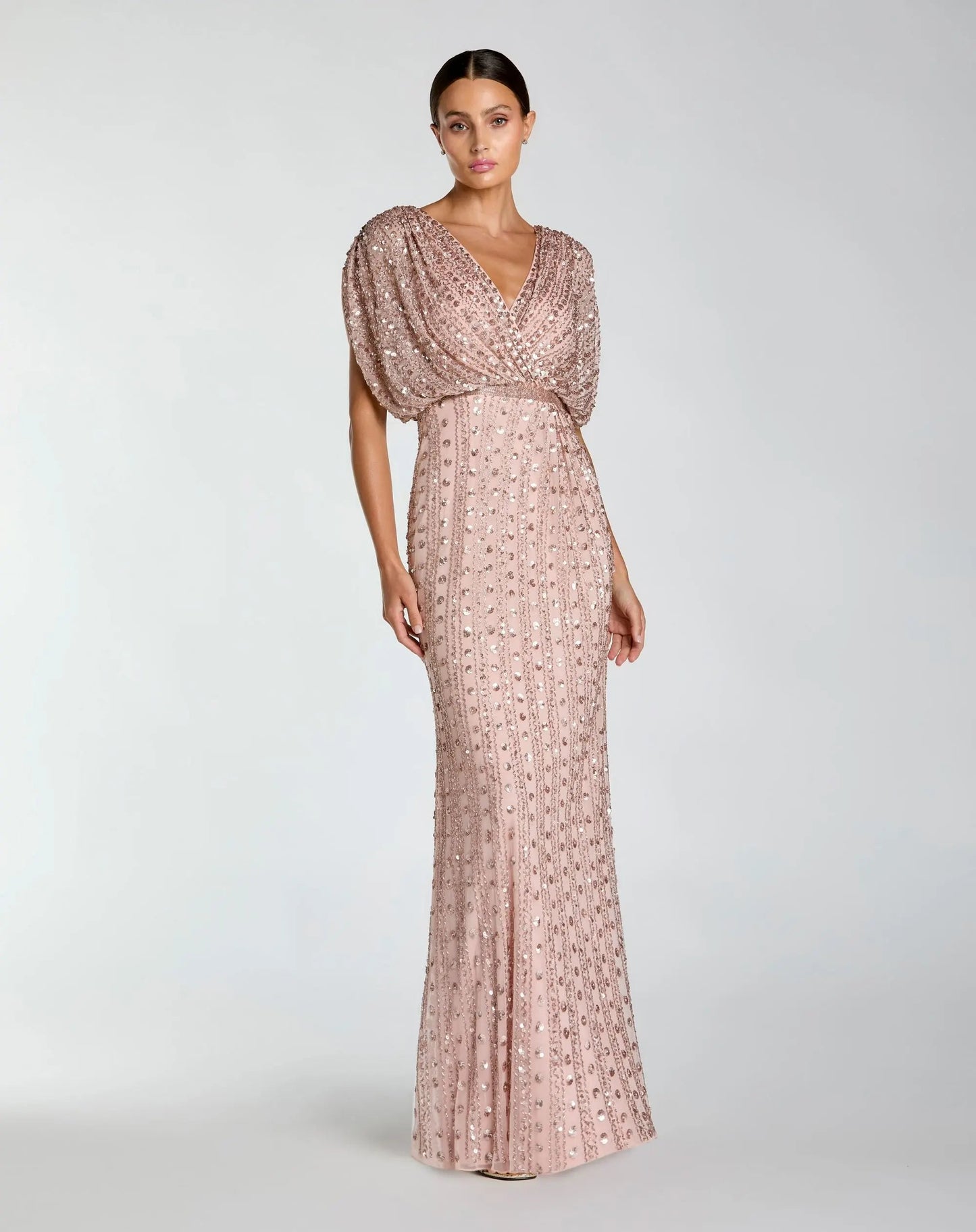 Pink Embellished Blouson V Neck Column Gown