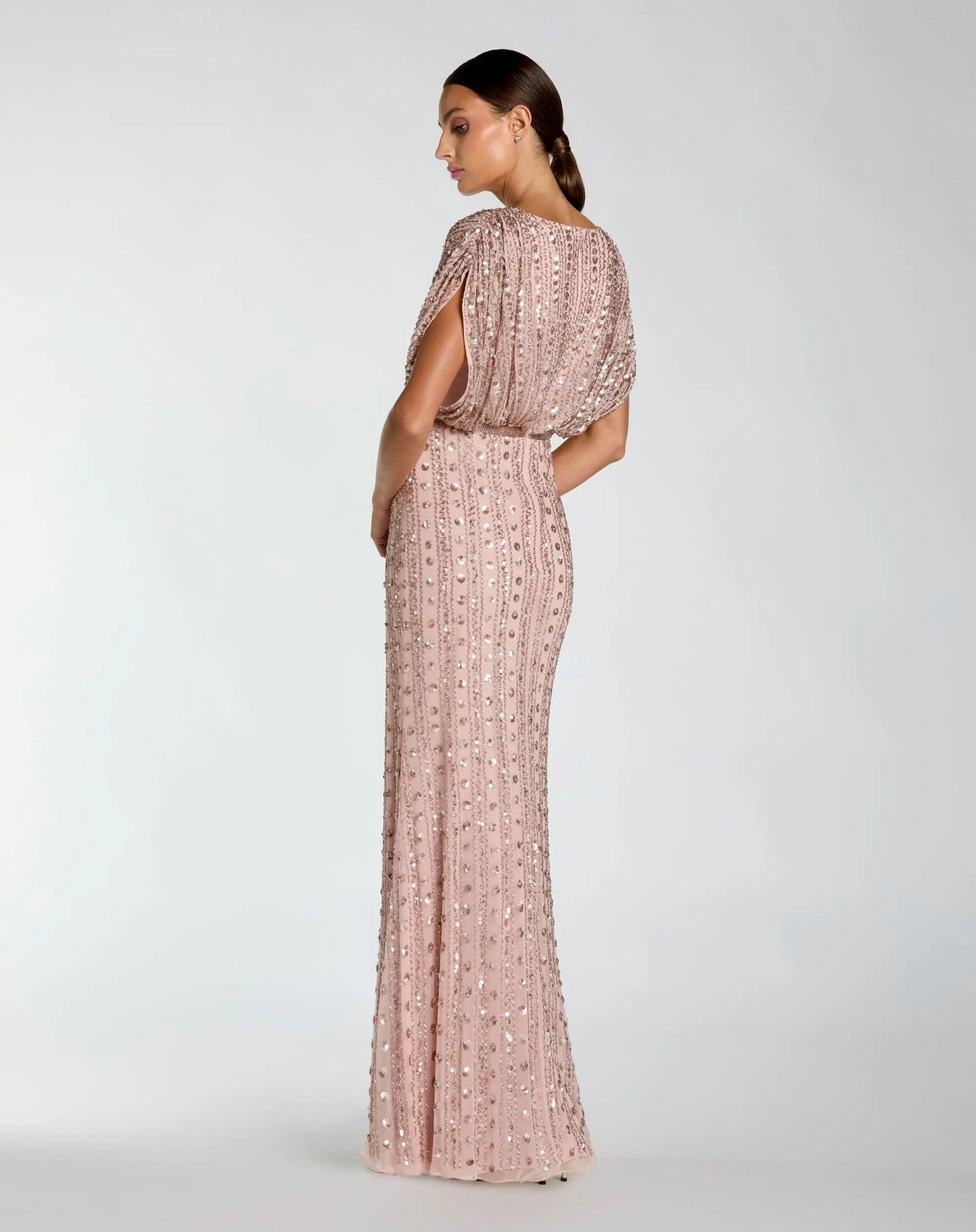 Pink Embellished Blouson V Neck Column Gown