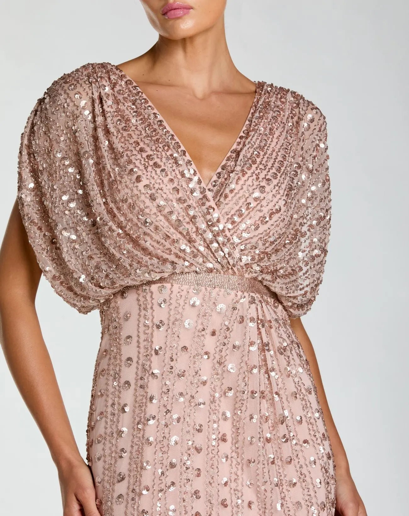 Pink Embellished Blouson V Neck Column Gown