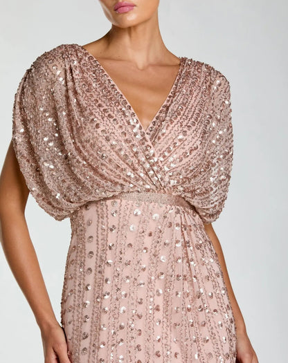 Pink Embellished Blouson V Neck Column Gown