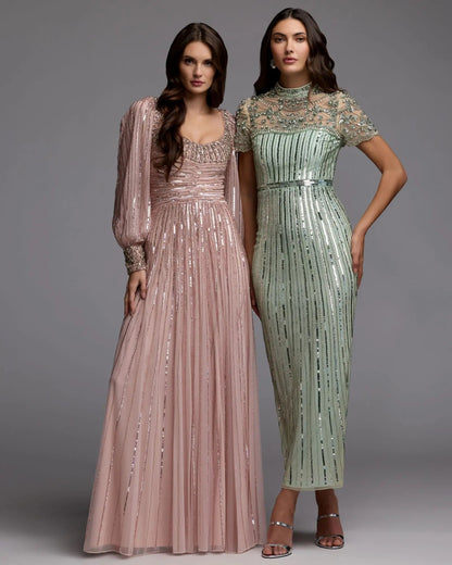 Pink Embellished Long Sleeve Scoop Neck A-Line Gown