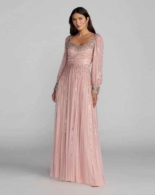 Pink Embellished Long Sleeve Scoop Neck A-Line Gown