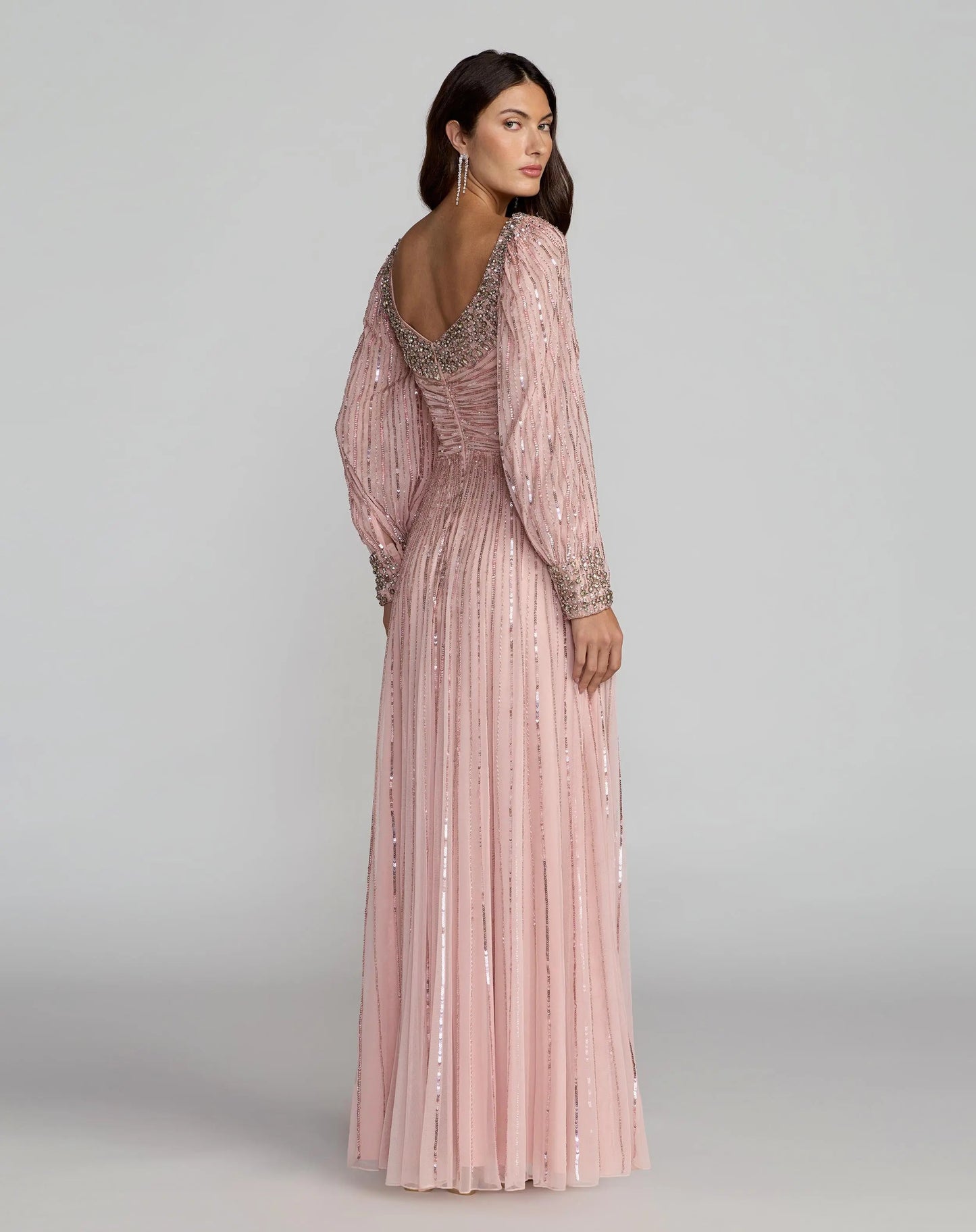 Pink Embellished Long Sleeve Scoop Neck A-Line Gown