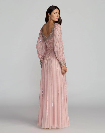 Pink Embellished Long Sleeve Scoop Neck A-Line Gown