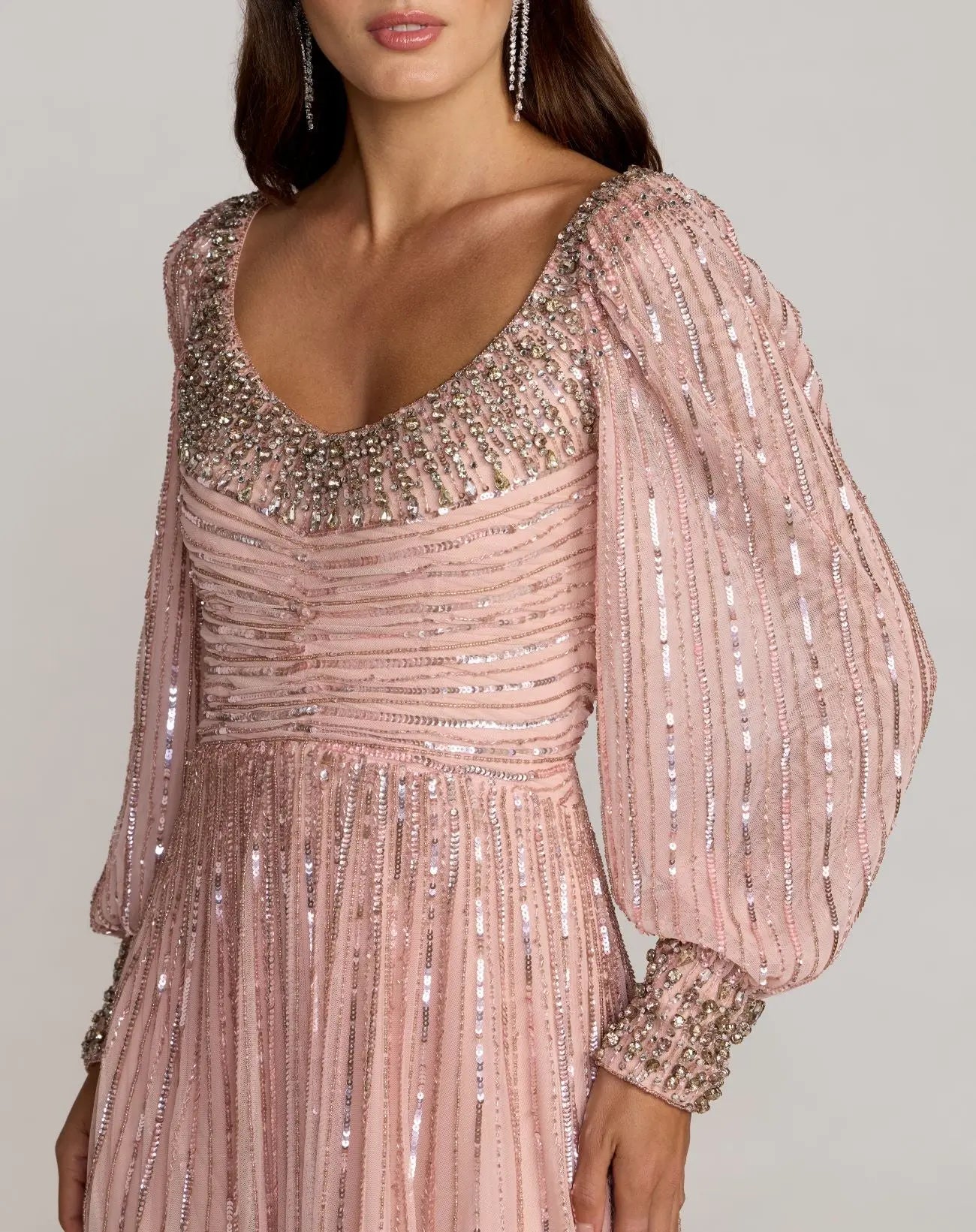 Pink Embellished Long Sleeve Scoop Neck A-Line Gown