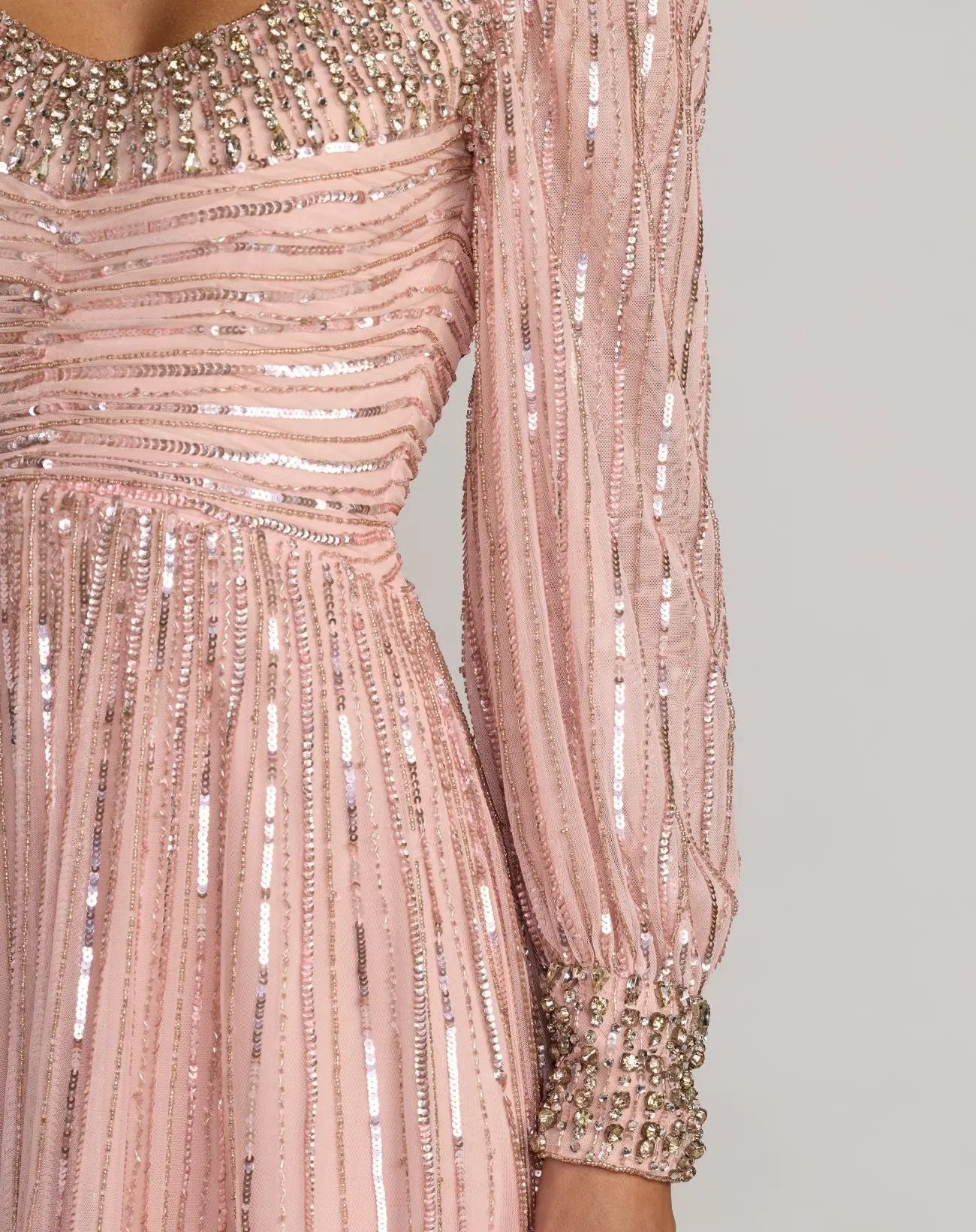Pink Embellished Long Sleeve Scoop Neck A-Line Gown