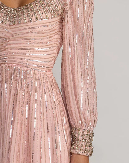 Pink Embellished Long Sleeve Scoop Neck A-Line Gown