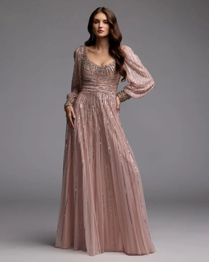 Pink Embellished Long Sleeve Scoop Neck A-Line Gown