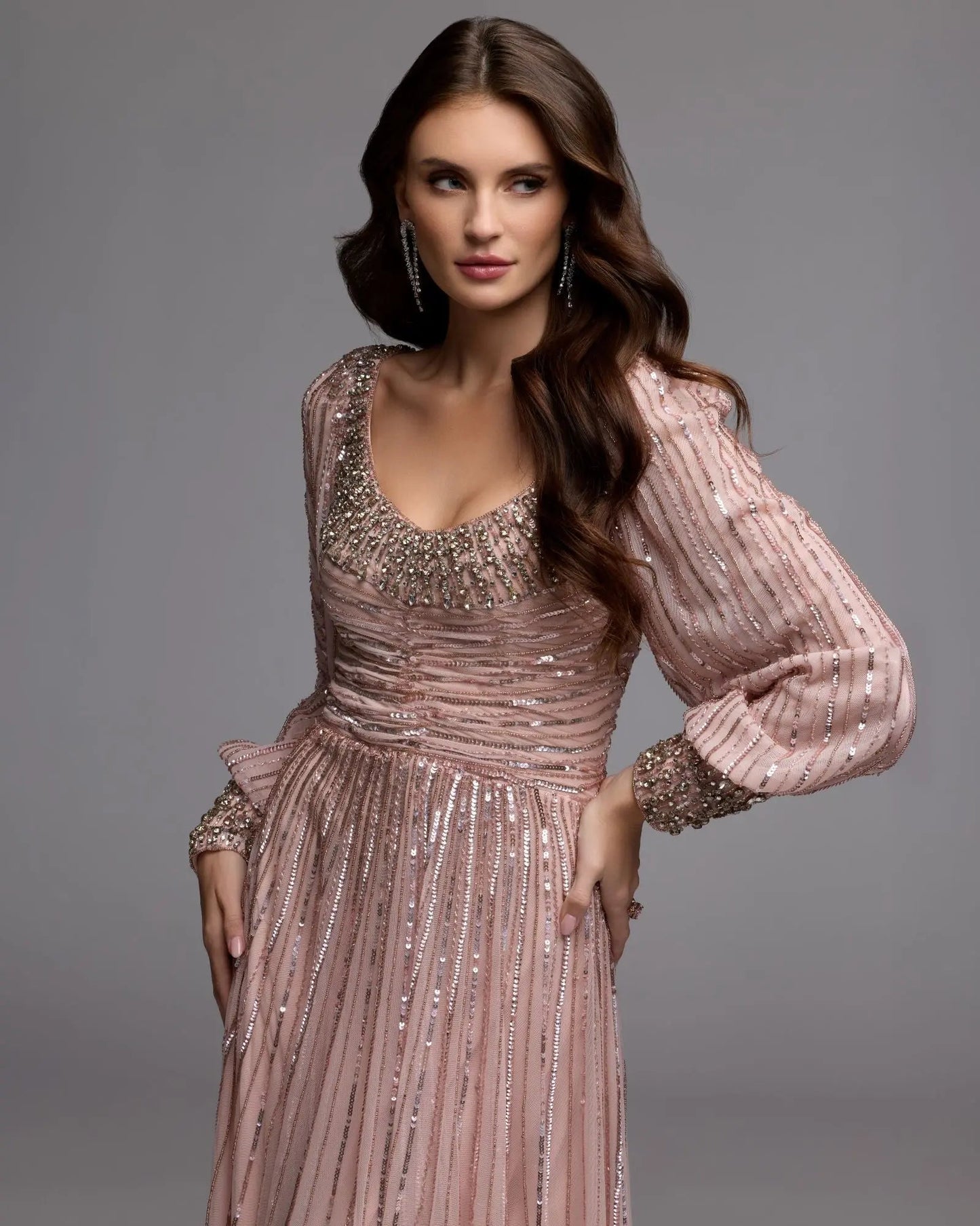 Pink Embellished Long Sleeve Scoop Neck A-Line Gown