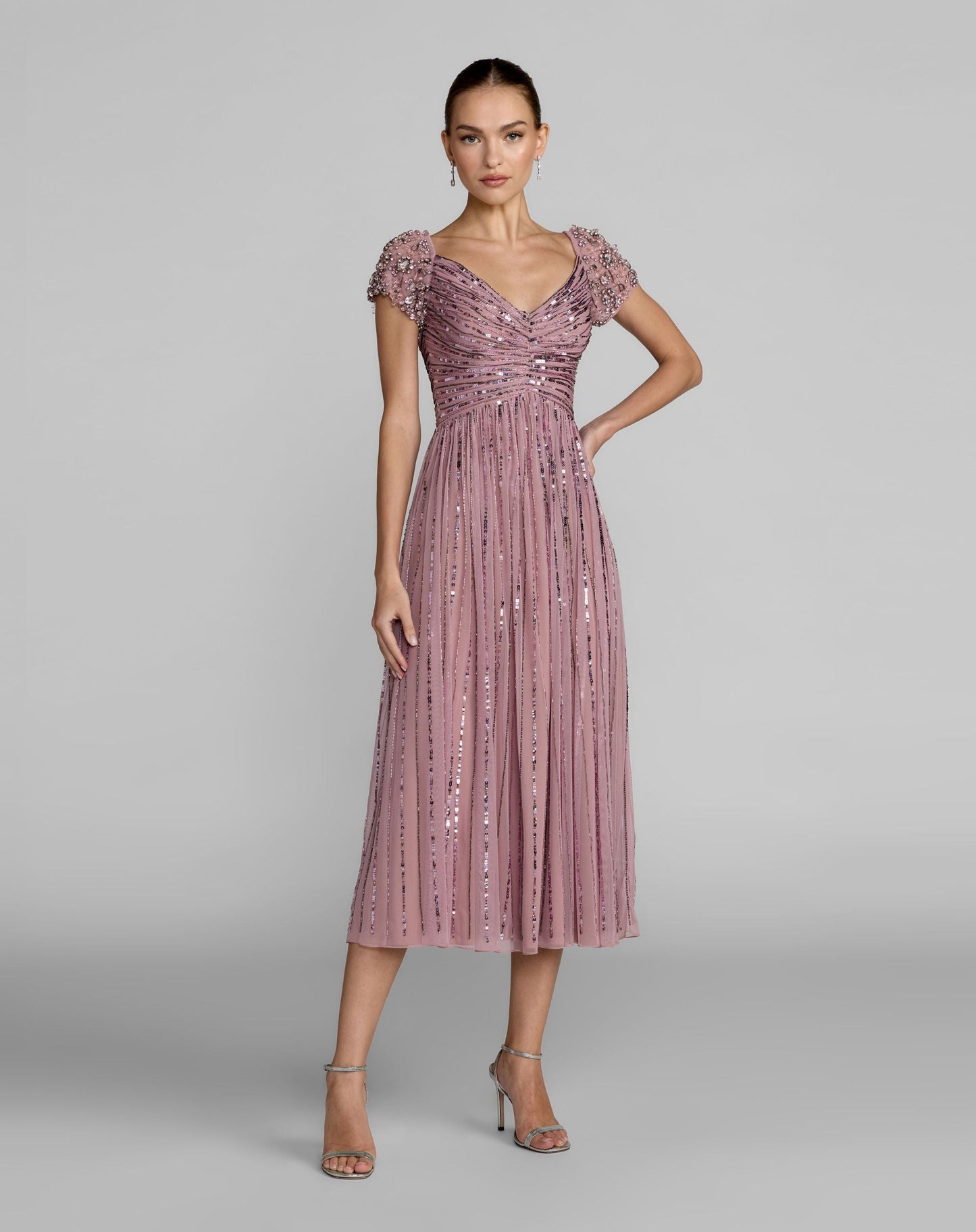 Purple Embellished Cap Sleeve Midi Dress