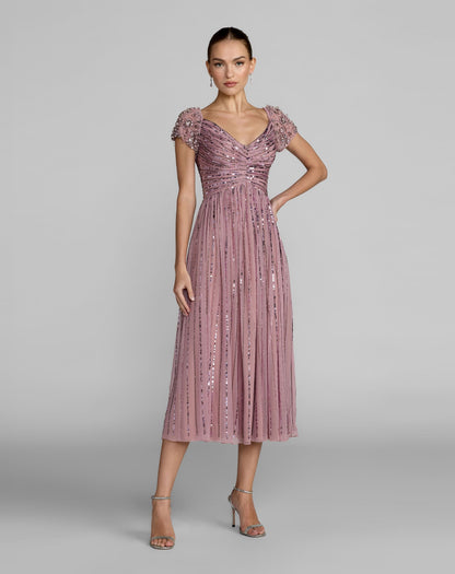Purple Embellished Cap Sleeve Midi Dress