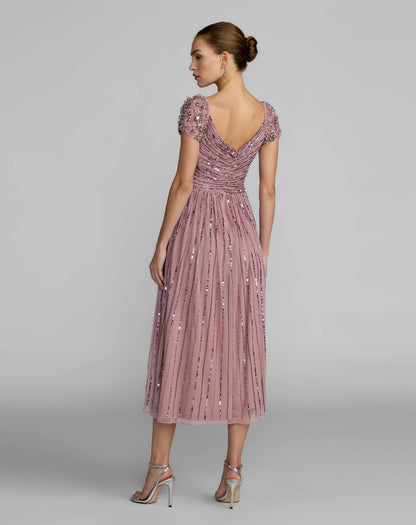 Purple Embellished Cap Sleeve Midi Dress