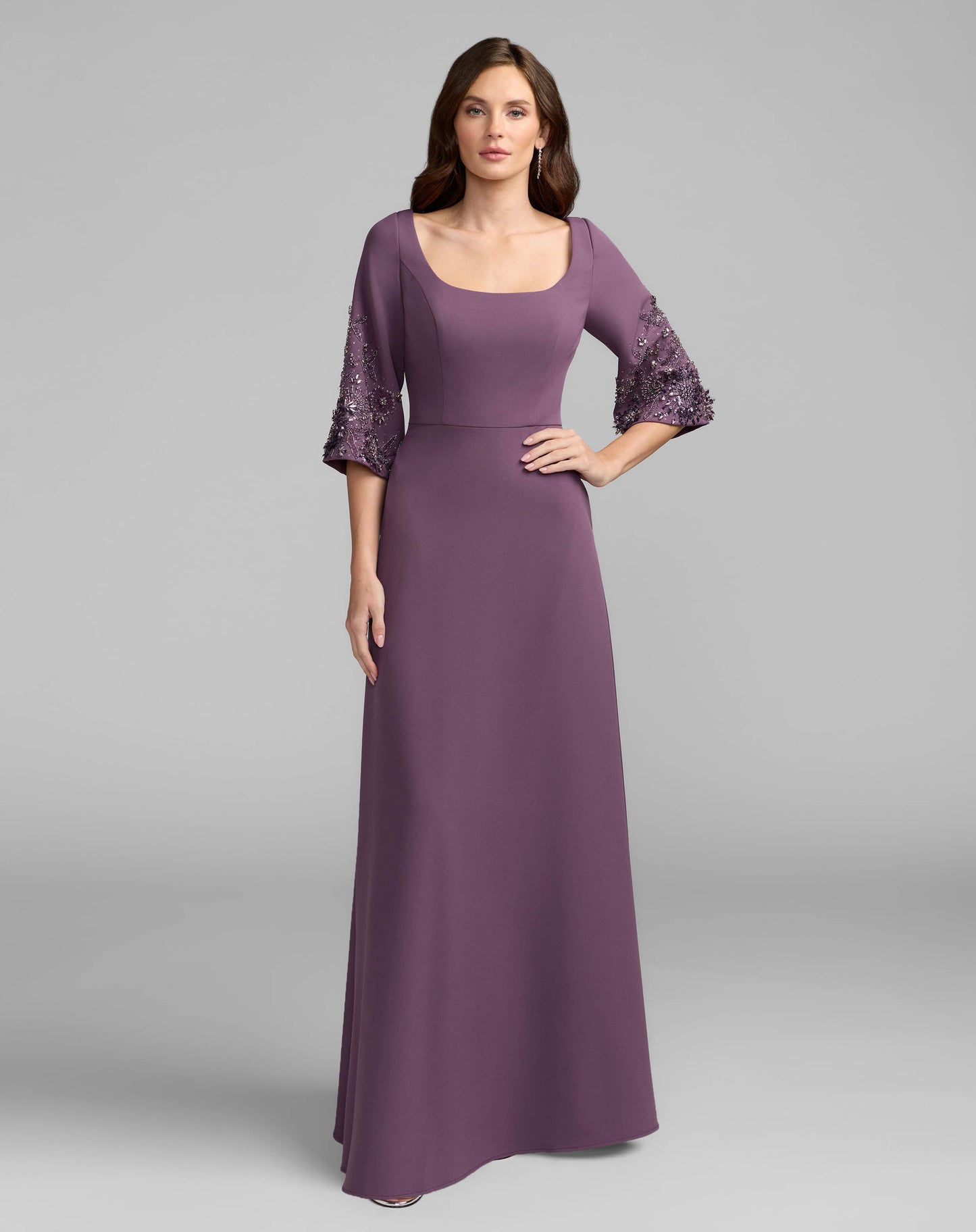 Purple Crepe Gown With Floral Embellished Sleeves