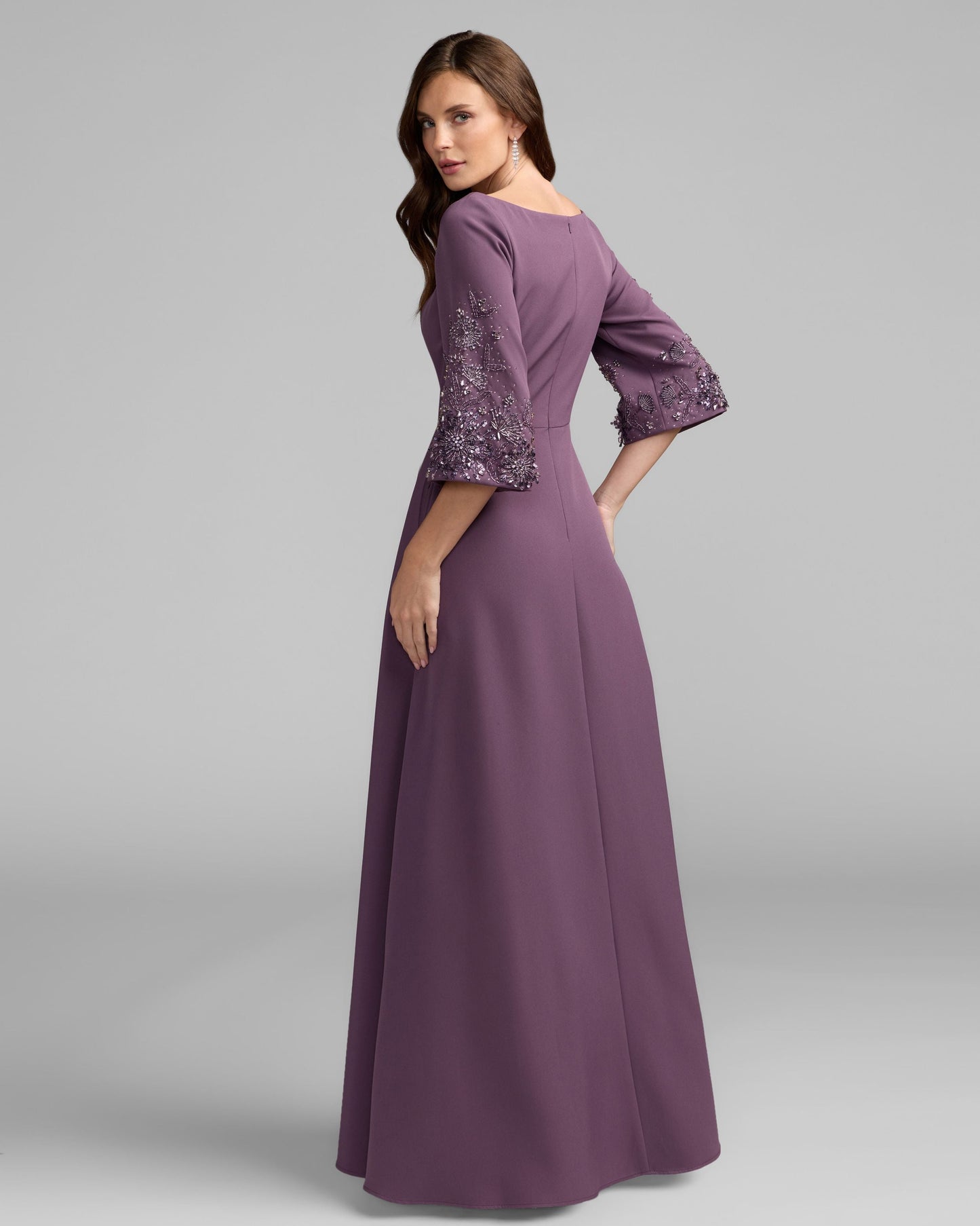 Purple Crepe Gown With Floral Embellished Sleeves