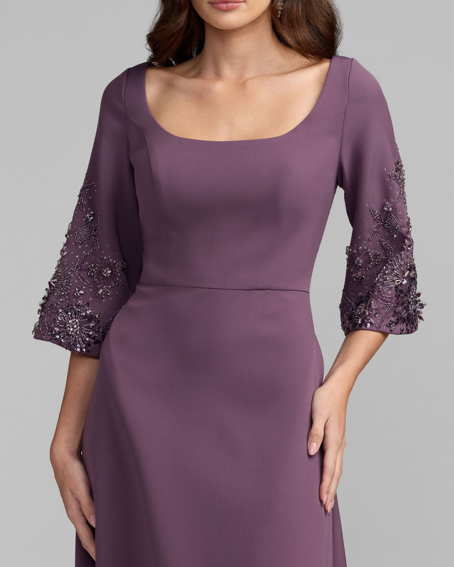 Purple Crepe Gown With Floral Embellished Sleeves