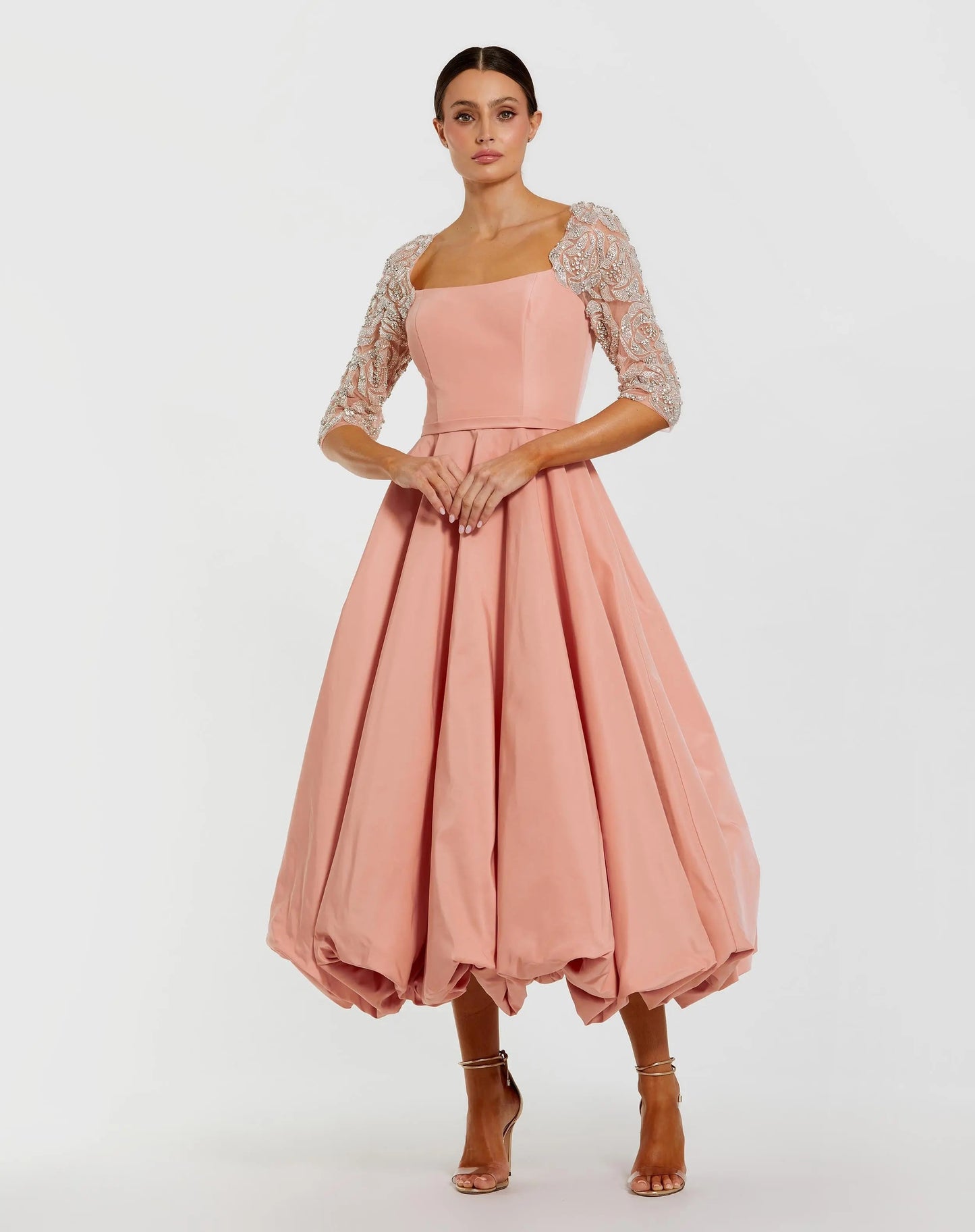Pink Bubble Hem Midi Dress With Embellished Sleeves