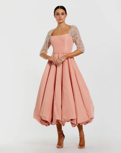 Pink Bubble Hem Midi Dress With Embellished Sleeves