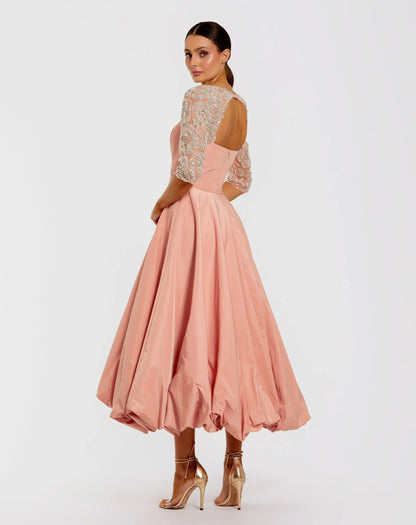 Pink Bubble Hem Midi Dress With Embellished Sleeves