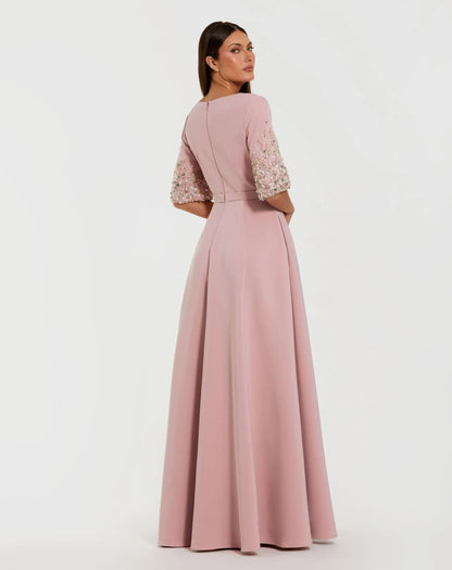 Pink Crepe Gown With Embellished 3/4 Sleeves