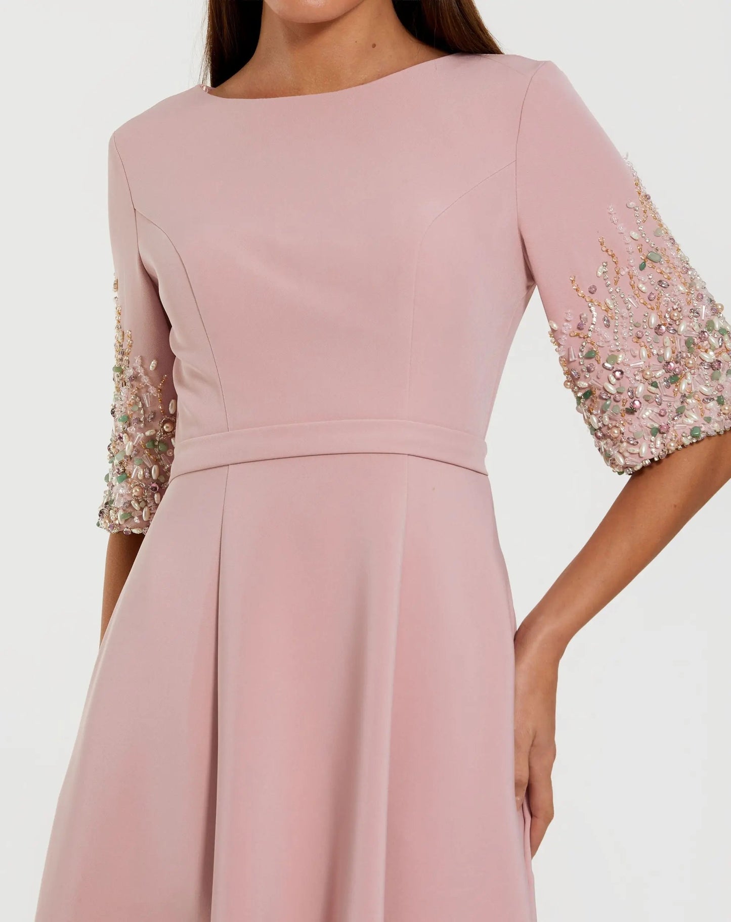 Pink Crepe Gown With Embellished 3/4 Sleeves