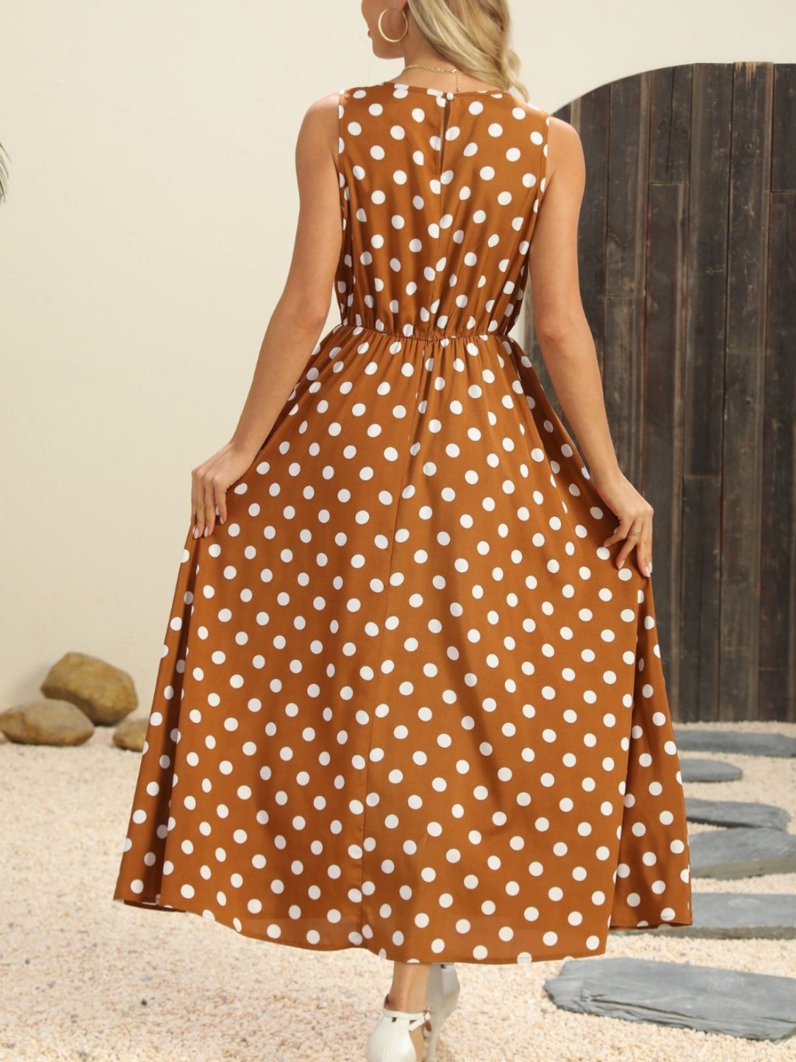Hazel Blues® |  Polka Dot Round Neck Sleeveless Midi Dress