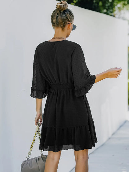 Hazel Blues® |  Swiss Dot Flare Sleeve Wrap Mini Dress