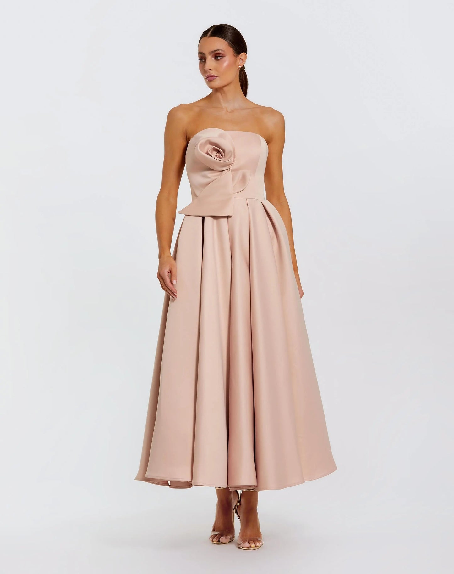 Pink Strapless Satin A Line Midi Dress With 3D Flower