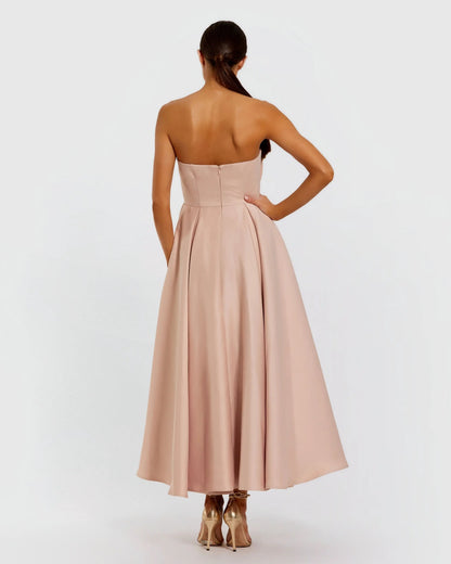 Pink Strapless Satin A Line Midi Dress With 3D Flower