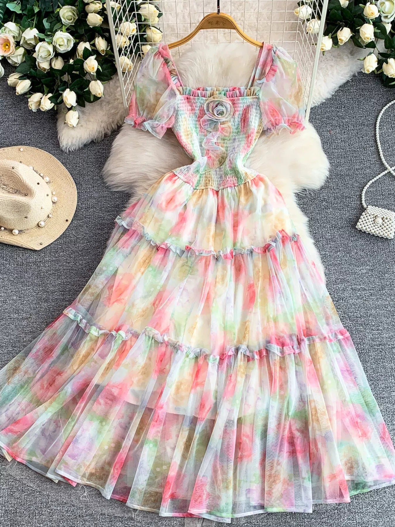 Hazel Blues® |  Smocked Floral Tiered Mesh Midi Dress