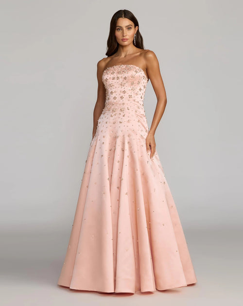 Pink Strapless Embellished Satin Ball Gown With Pockets