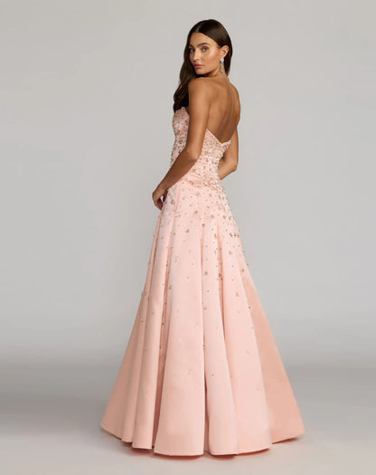 Pink Strapless Embellished Satin Ball Gown With Pockets