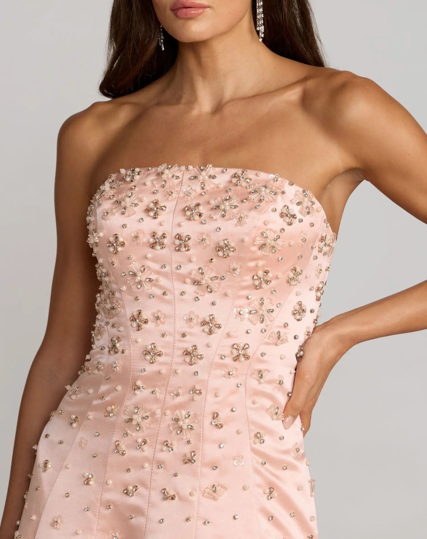 Pink Strapless Embellished Satin Ball Gown With Pockets