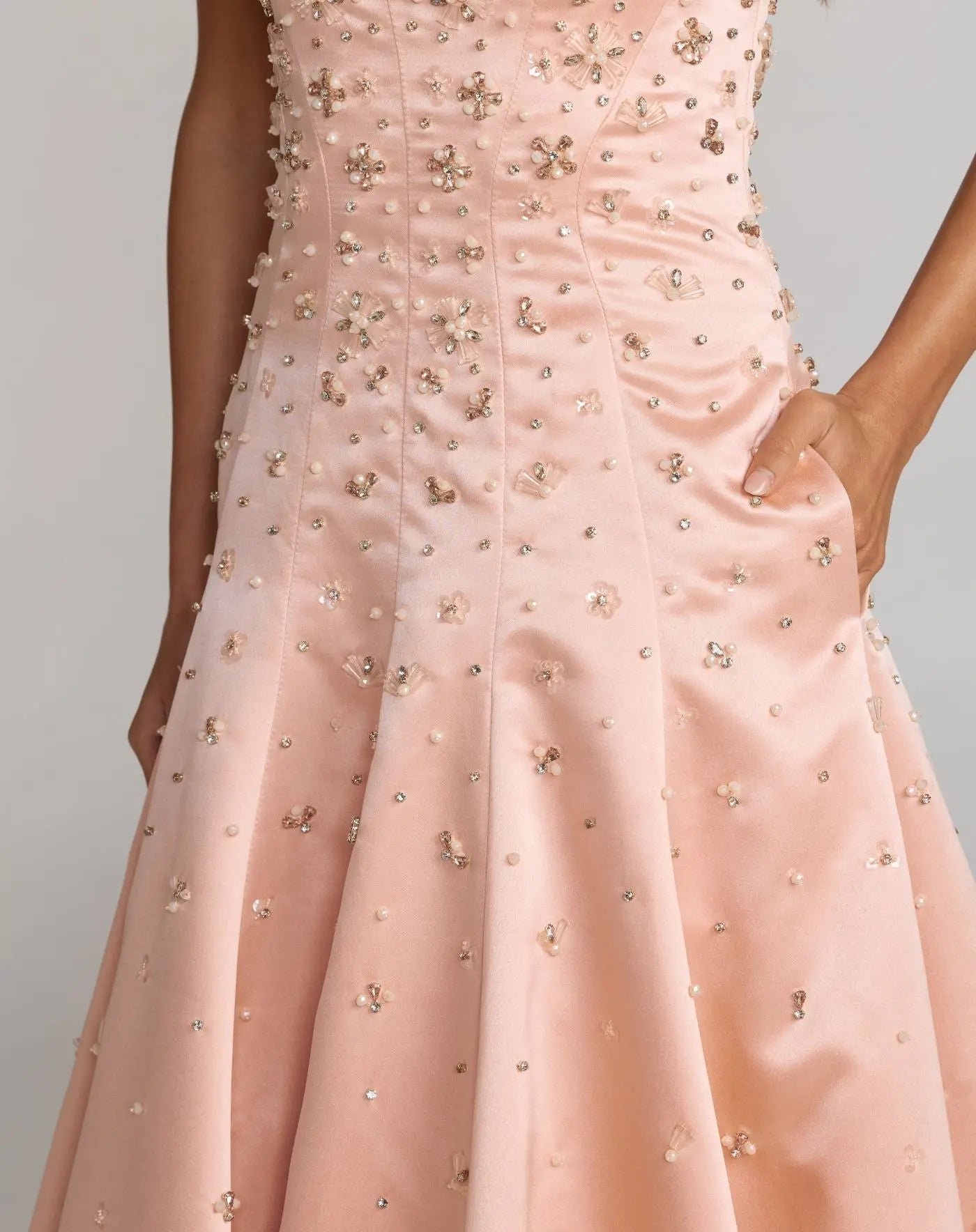 Pink Strapless Embellished Satin Ball Gown With Pockets
