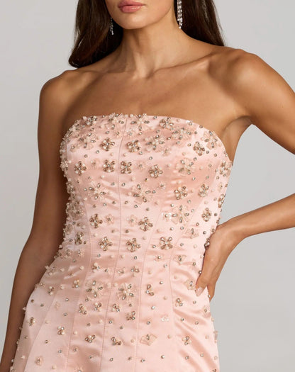 Pink Strapless Embellished Satin Ball Gown With Pockets