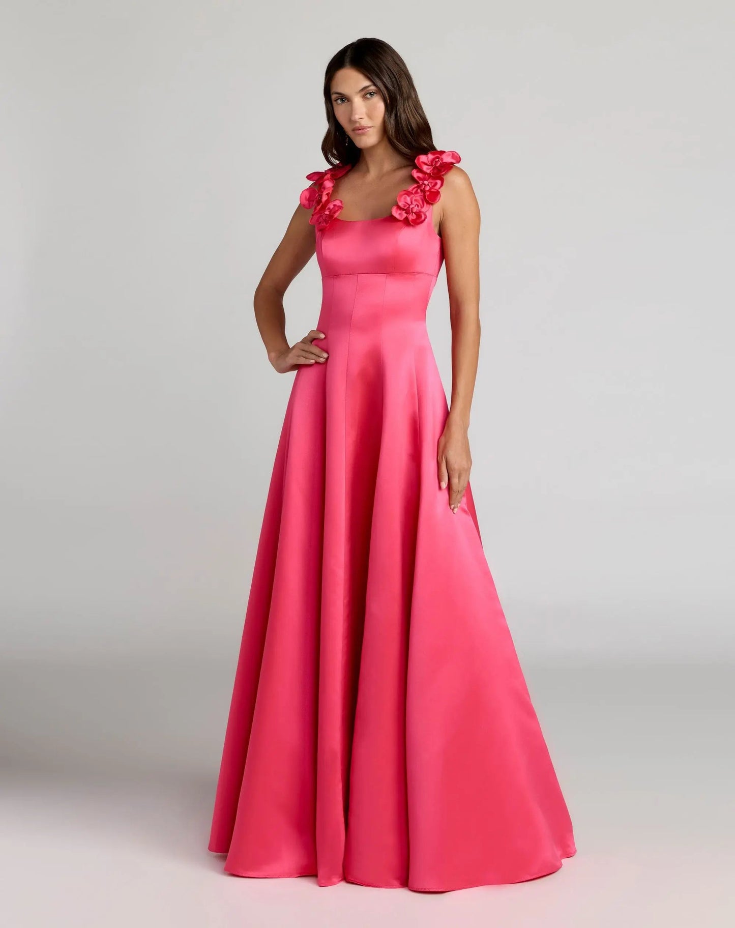 Pink Sleeveless Satin Ball Gown With 3D Flower Straps