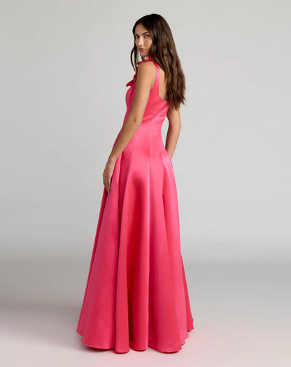 Pink Sleeveless Satin Ball Gown With 3D Flower Straps