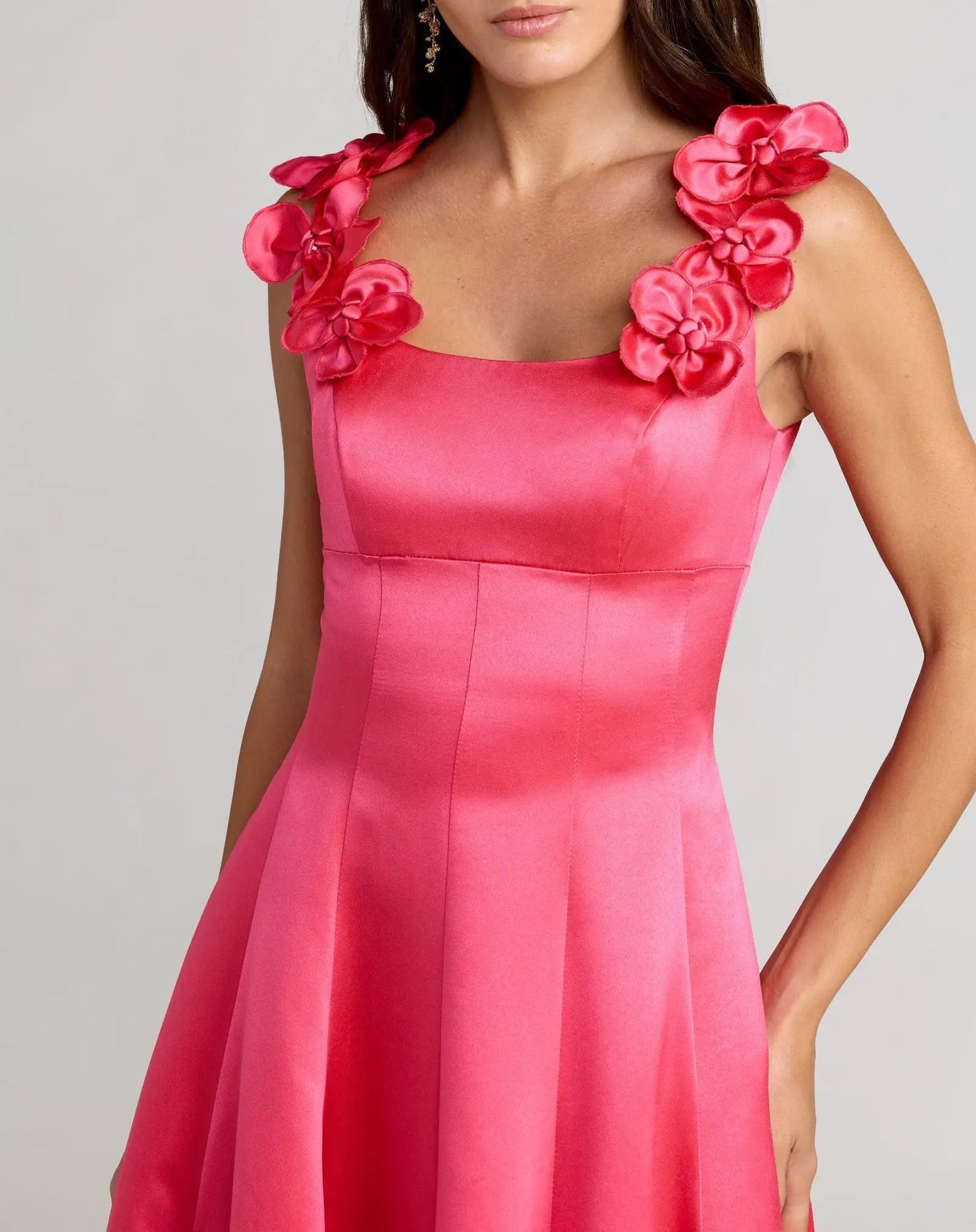 Pink Sleeveless Satin Ball Gown With 3D Flower Straps